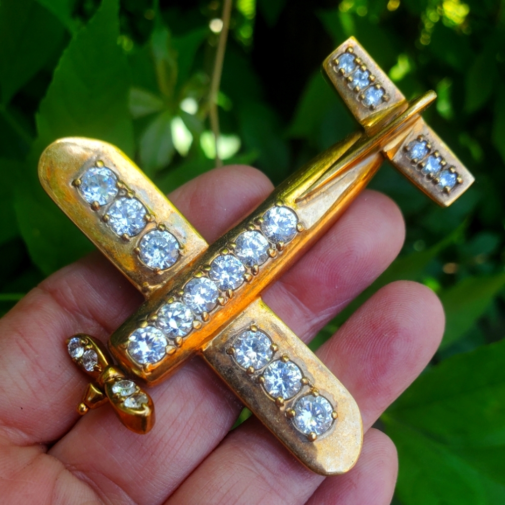 vintage gold gilt airplane brooch